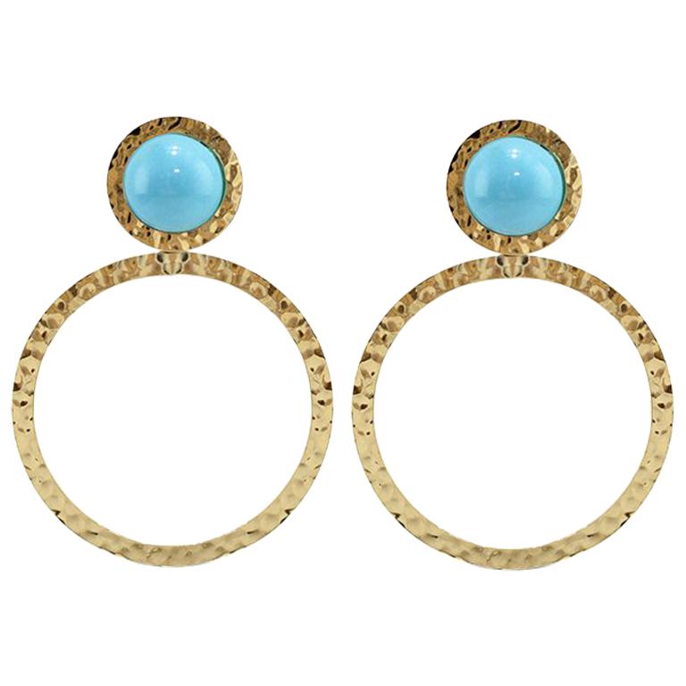 Natural Turquoise 18 Karat Gold Hoop Earrings For Sale