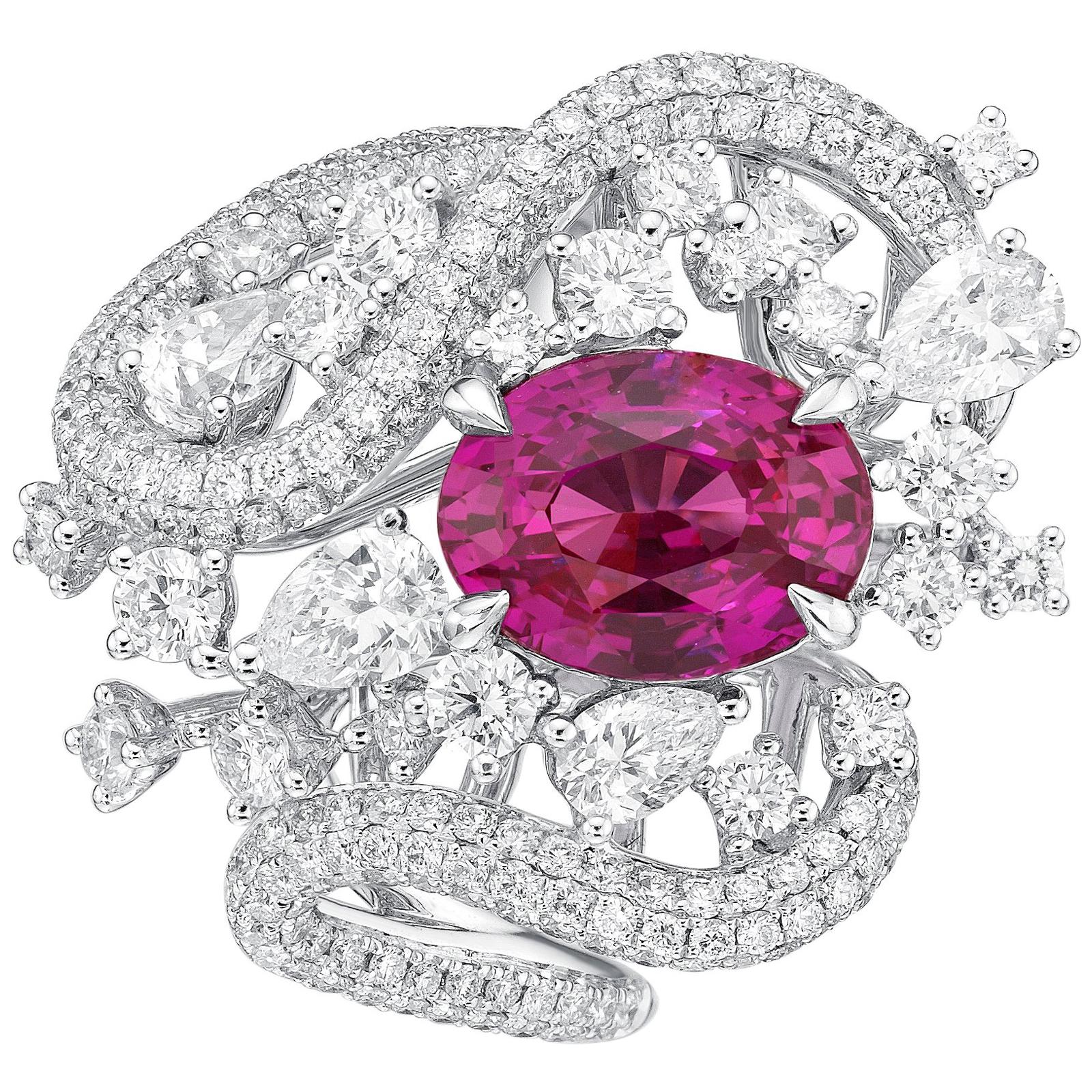 GRS Certified 3.6 Carat Unheated Pink Sapphire Ring from Sri Lanka For Sale