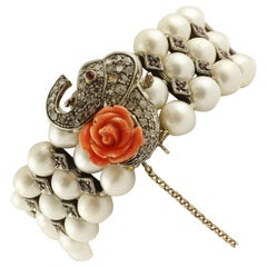 Pearls, Coral, Diamonds, Rubies, 9 Karat Rose Gold and Silver Beaded Bracelet
