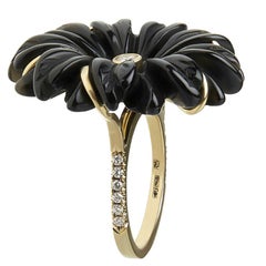 18ct Yellow Gold, Diamond and Hand Carved Onyx Daisy Flower Ring