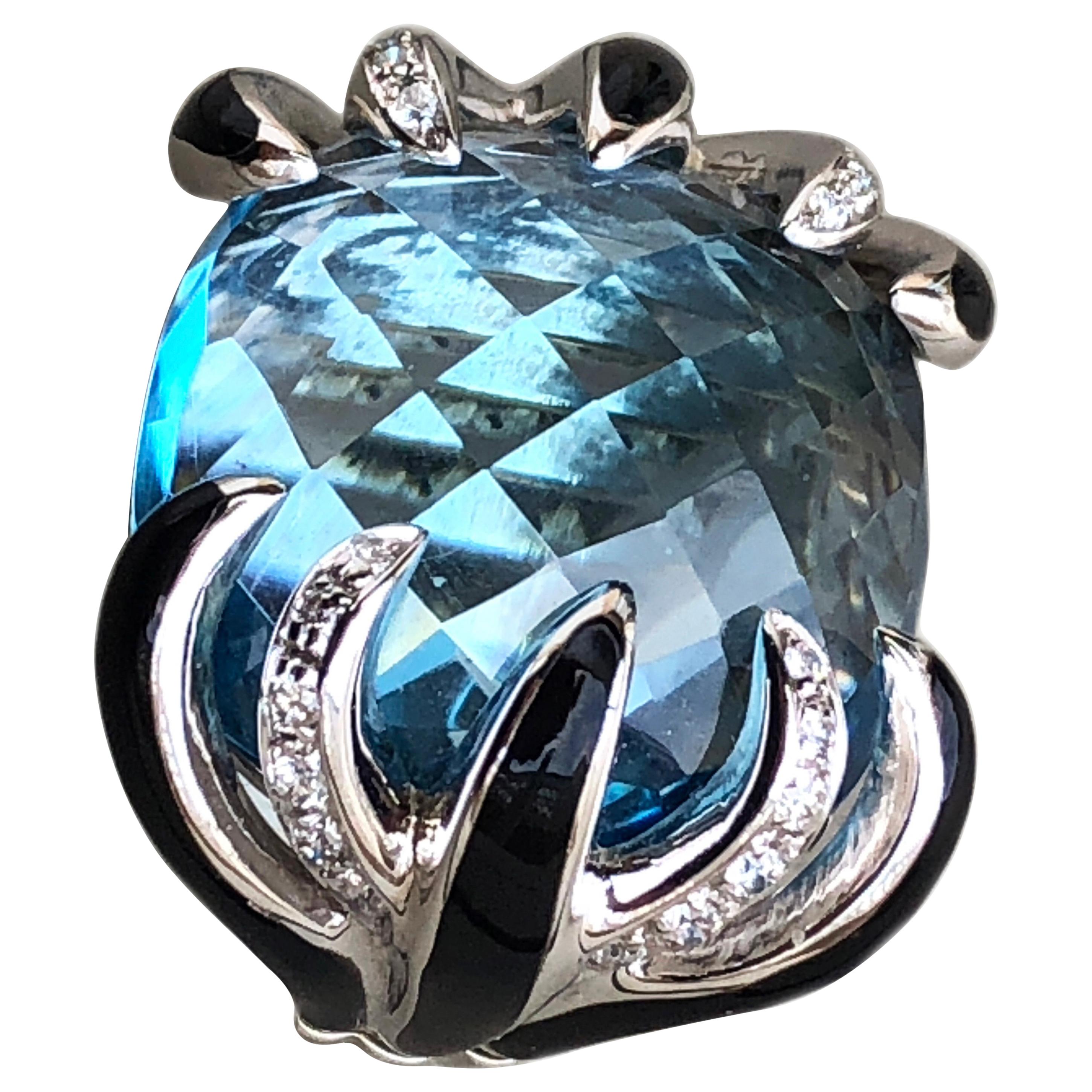 Berca 30.7Kt  Blue Topaz Cushion Cut 0.43Kt White Diamond Enamel Cocktail Ring