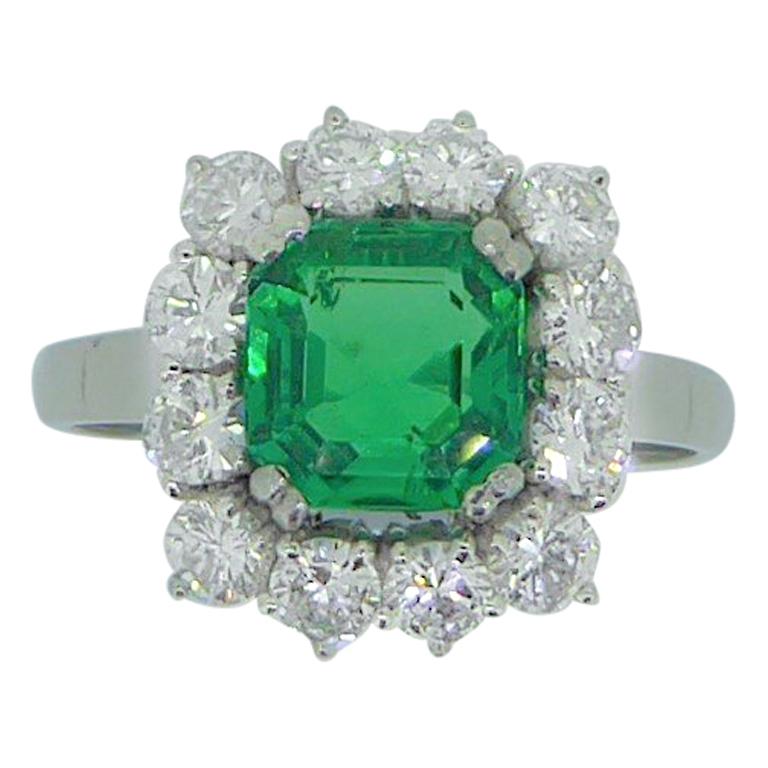 1.51 Carat Colombian Emerald Diamond and Platinum Cluster Ring with Certificate