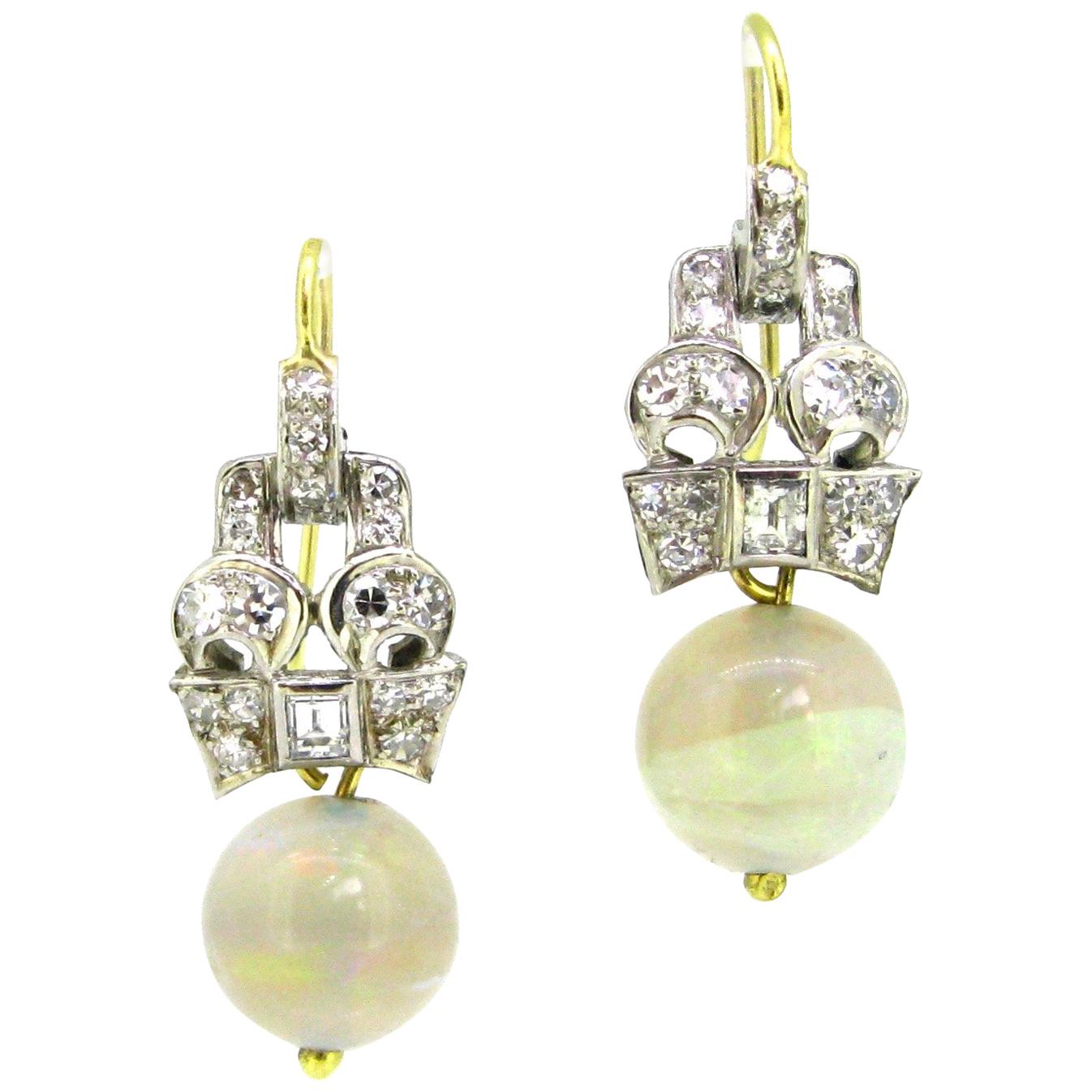 Opal and Diamonds Yellow Gold and Platinum Art Deco Style Earrings