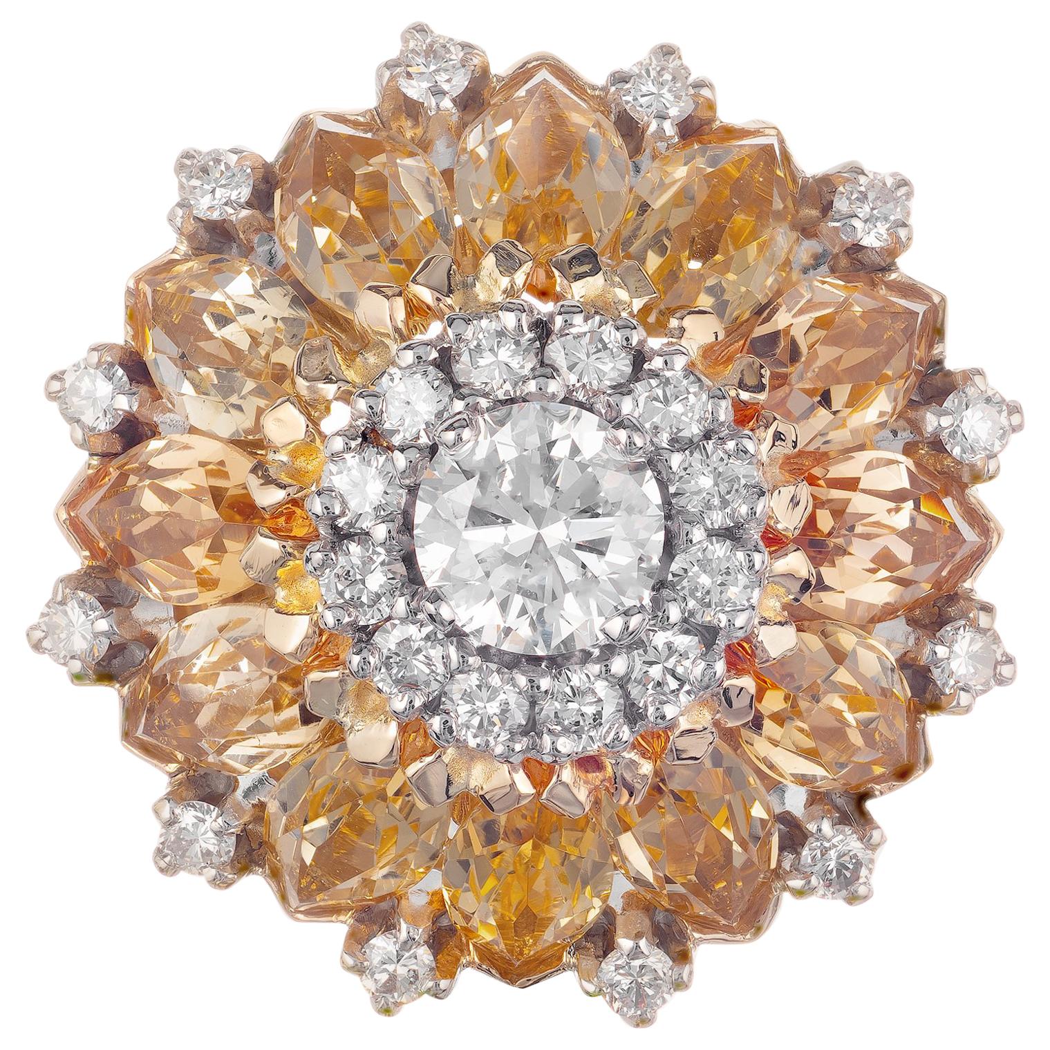 6.70 Carat Precious Topaz Diamond Yellow Gold Cocktail Cluster Ring