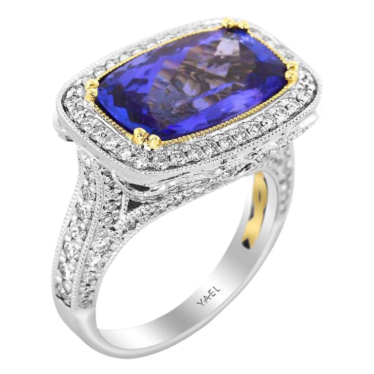 GIA Certified Tanzanite Diamond White and Yellow Gold Ring For Sale