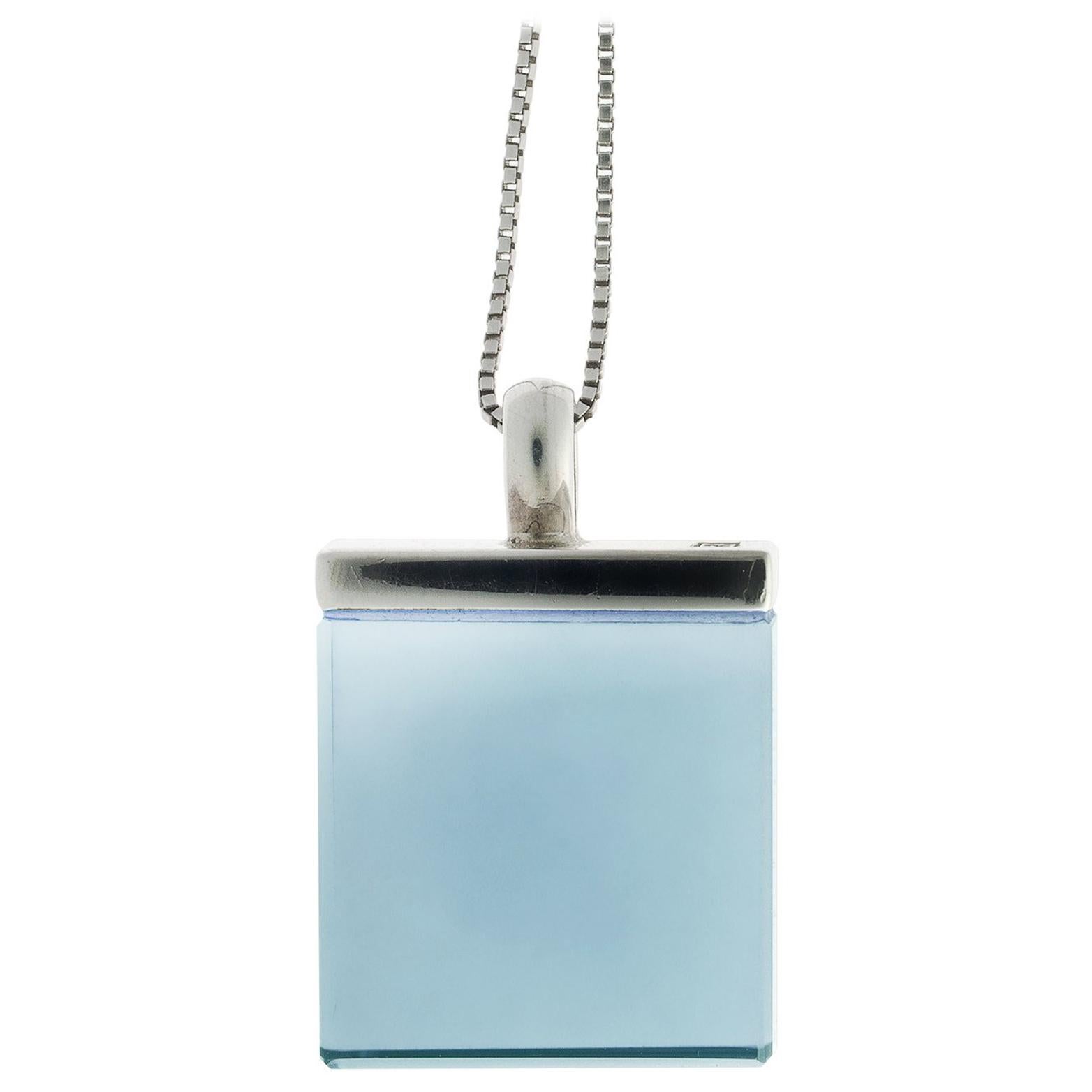 Art Deco Style Sterling Silver Pendant Necklace with Sky Blue Quartz For Sale