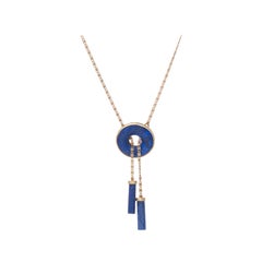 Vintage Lapis Lazuli Necklace Drop Round Disc 14 Karat Gold Estate Jewelry