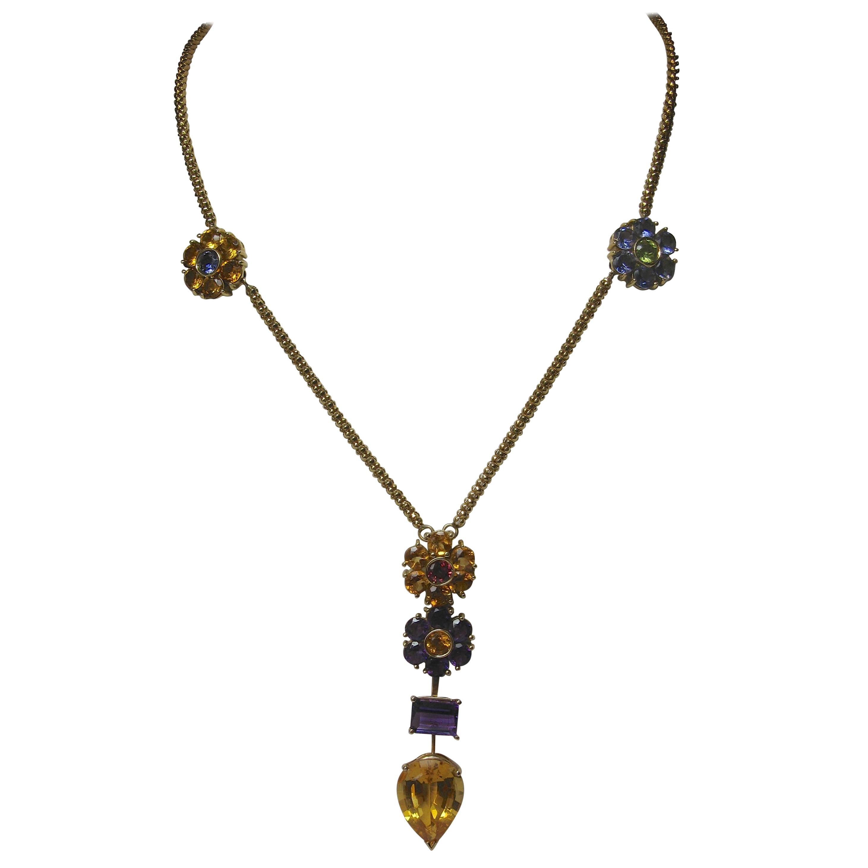 Chimento Flower Necklace Citrine Tanzanite Amethyst Peridot 18 Karat Gold Modern For Sale