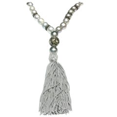 Samira13 South Sea Pearl and Diamond Silk Cord Tassle Long Necklace