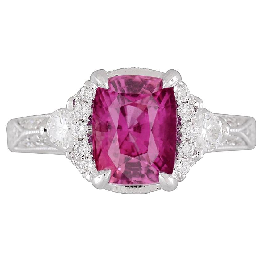 DiamondTown GIA Certified 2.39 Carat Cushion Cut Exotic Pink Sapphire Ring