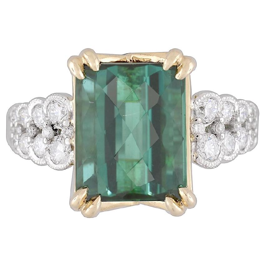 GIA Certified 5.60 Carat Rose Cut Forest Green Tourmaline and Diamond Ring