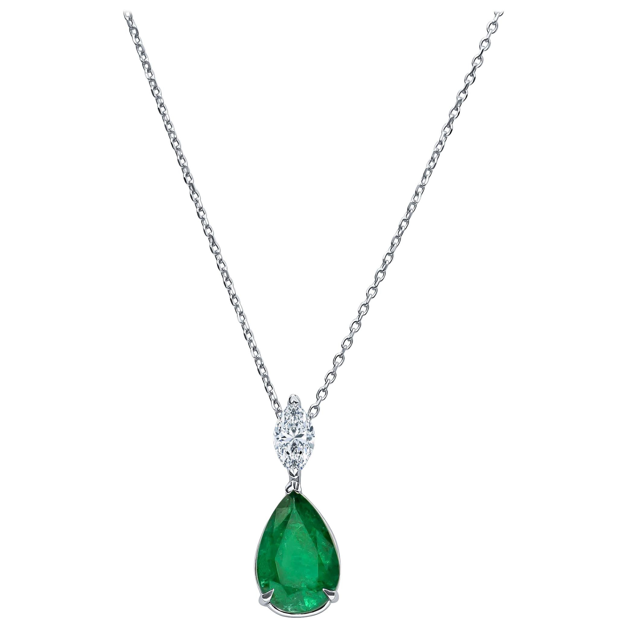 3.50ct  Pear Shape Natural Emerald & 0.45ct Marquise Shaped Diamond Pendant, 18K