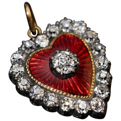 Antique Heart Shaped Diamond Red Guilloche Enamel Pendant