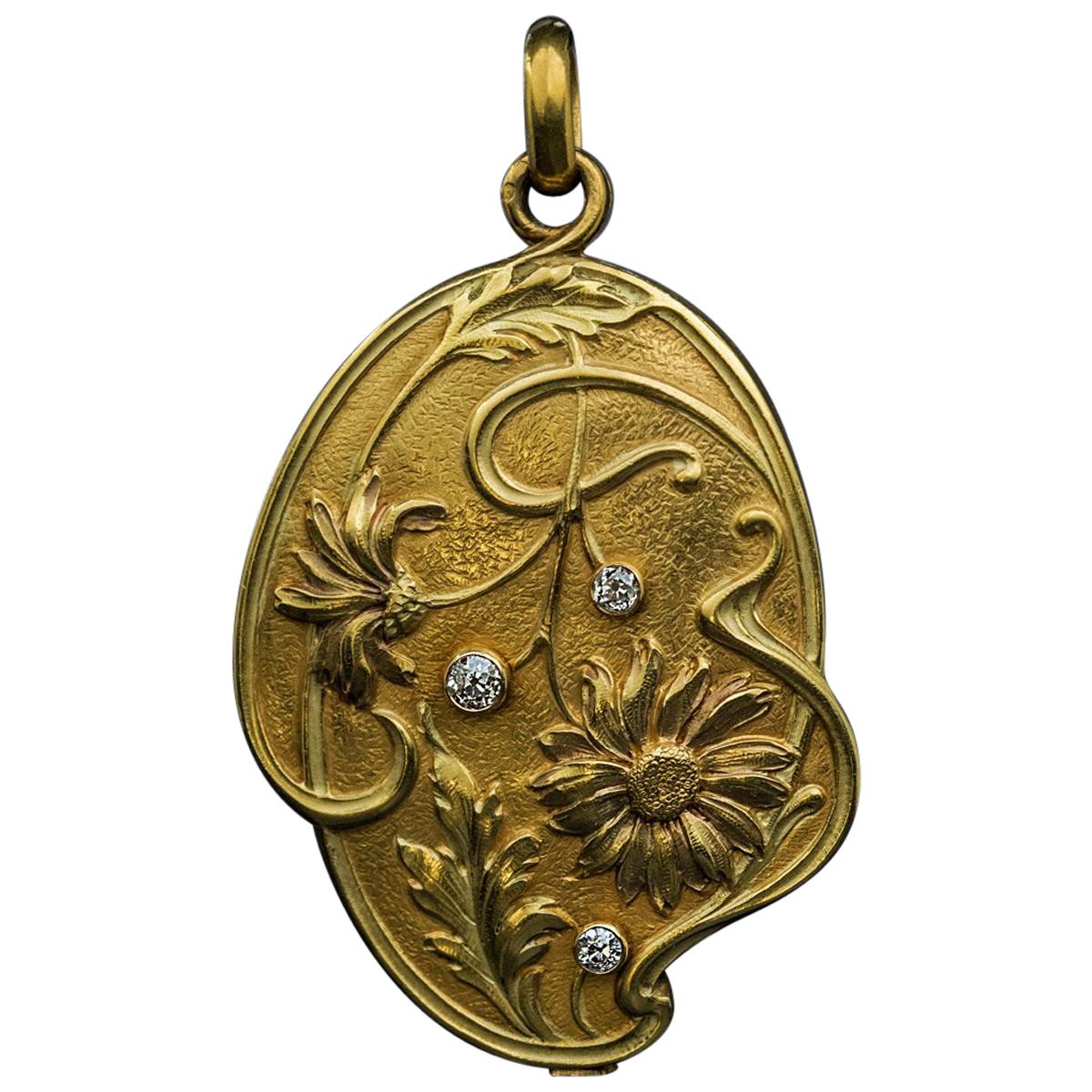 French Art Nouveau Antique Diamond Gold Locket Pendant