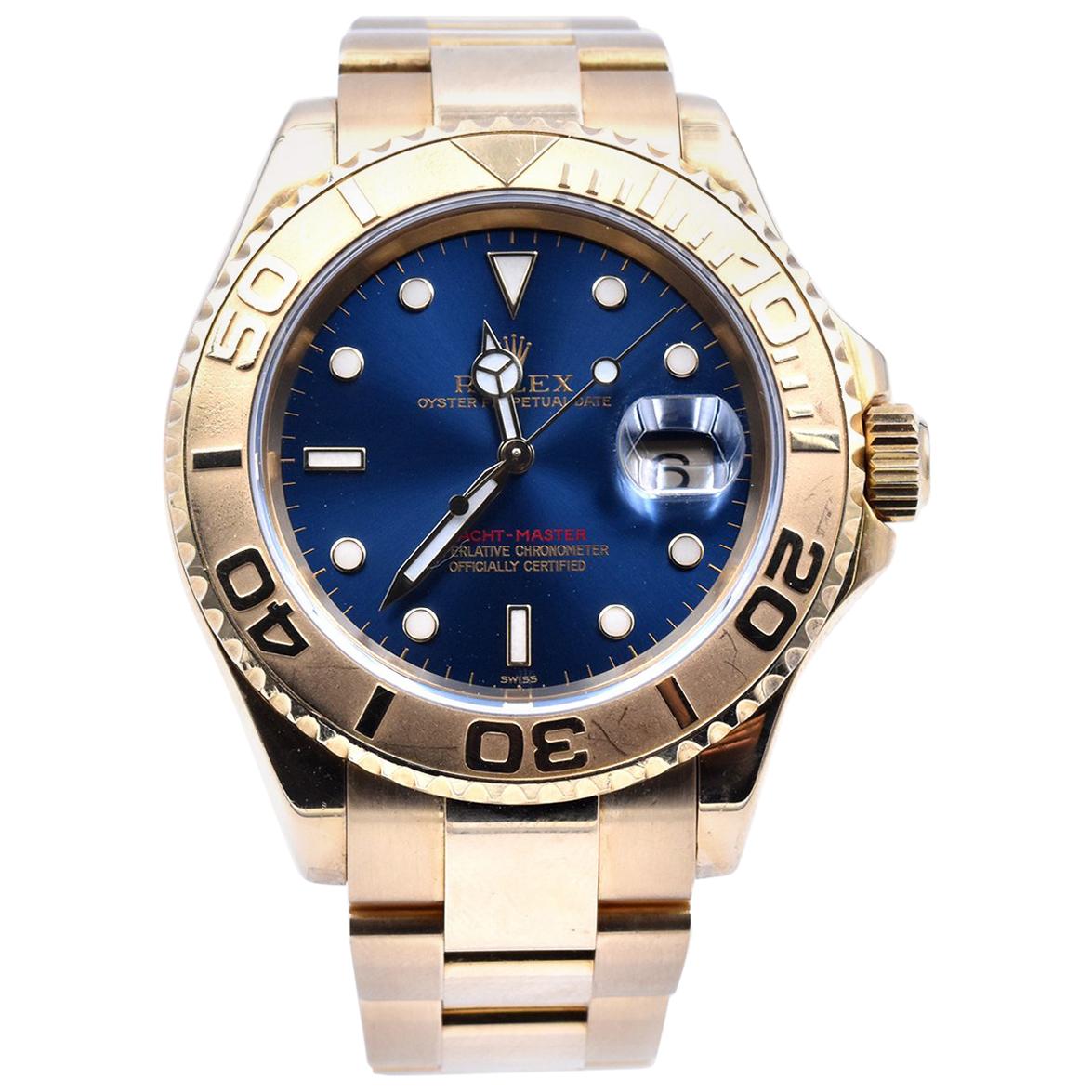 Rolex Yacht-Master Blue Dial 18 Karat Yellow Gold Watch Ref 16628