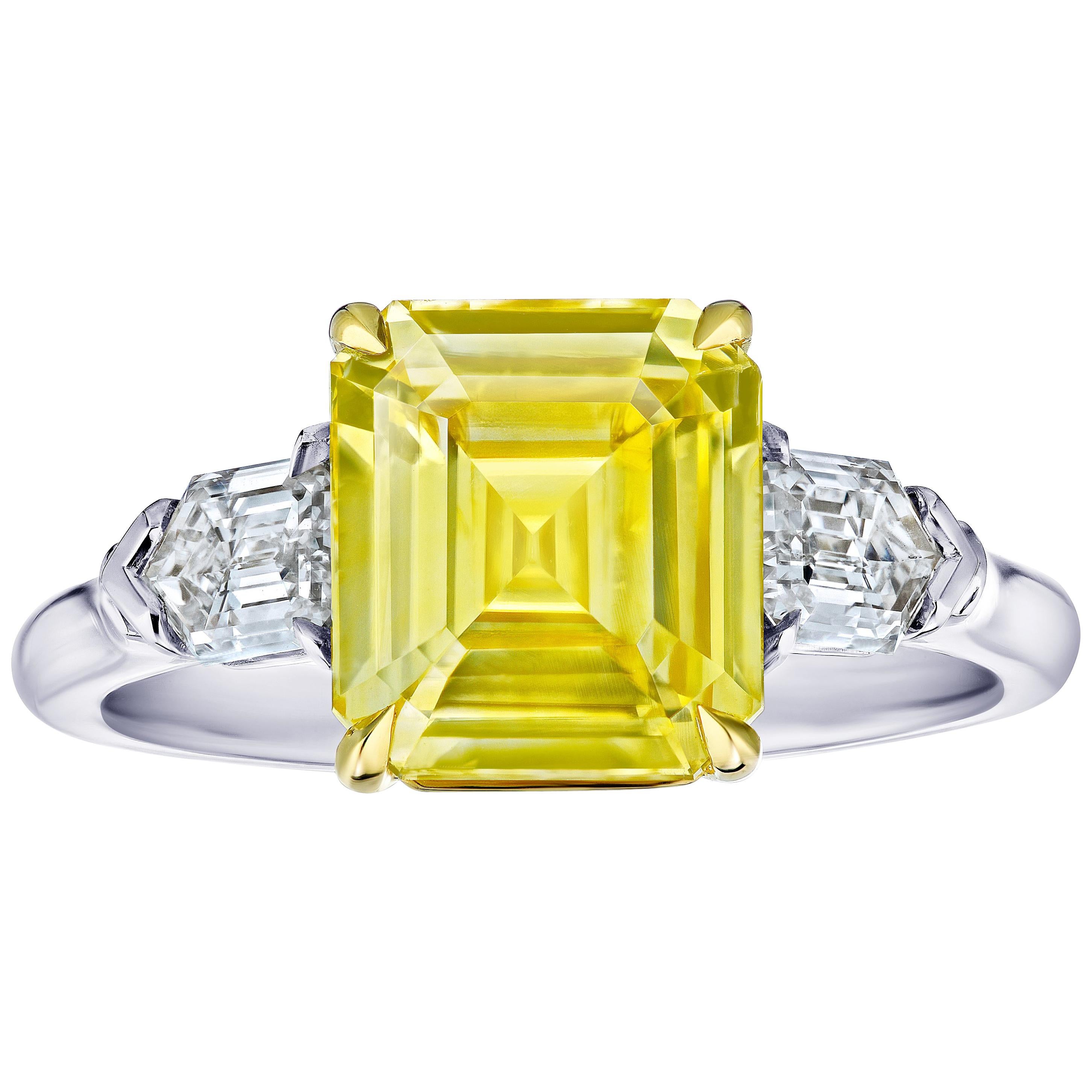 3.80 Carat Emerald Cut Yellow Sapphire and Diamond Ring