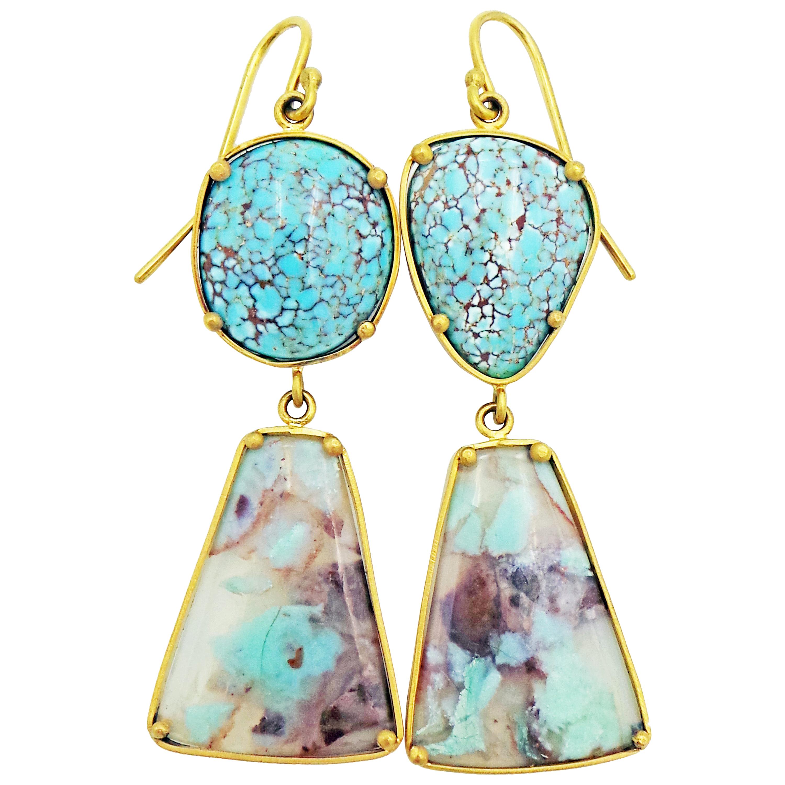 Aquaprase and Dry Creek Turquoise 22 Karat Gold Dangle Earrings For Sale