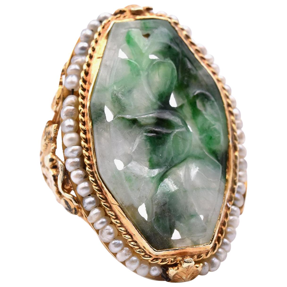 14 Karat Yellow Gold Vintage Jade and Seed Pearl Ring