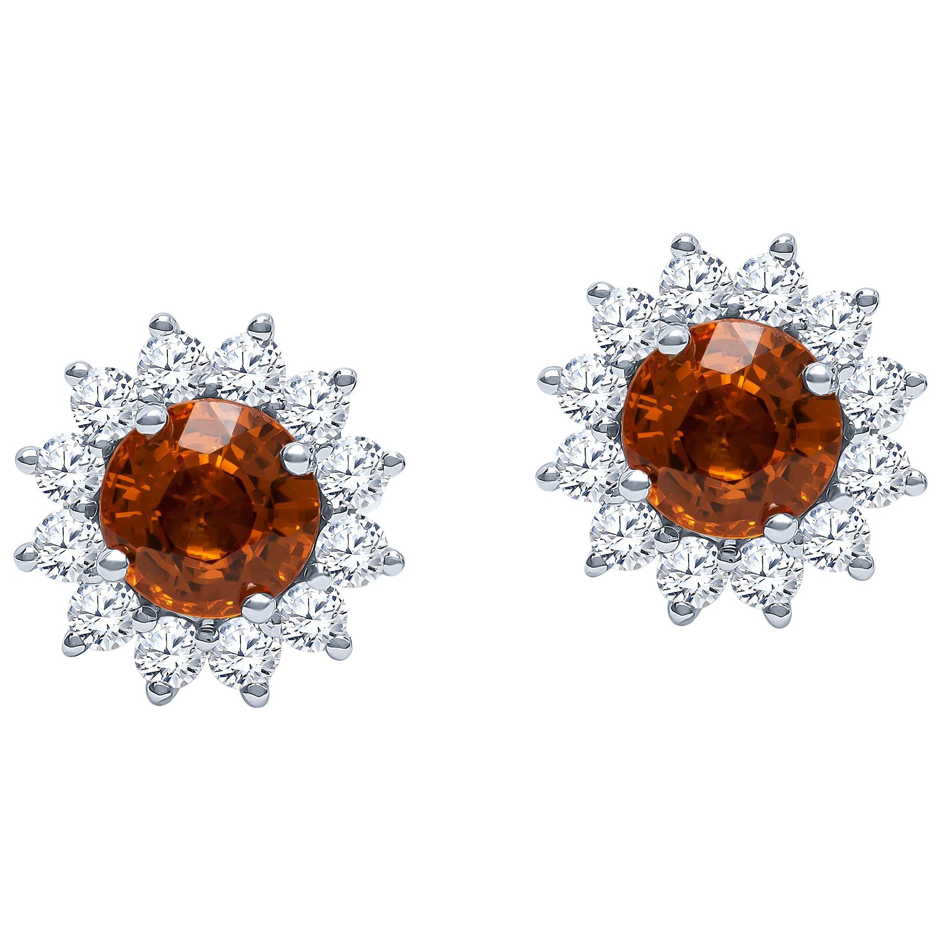 2.22ct Natural Bright Orange Sapphire Stud Earrings with 0.73ct in fine Diamonds