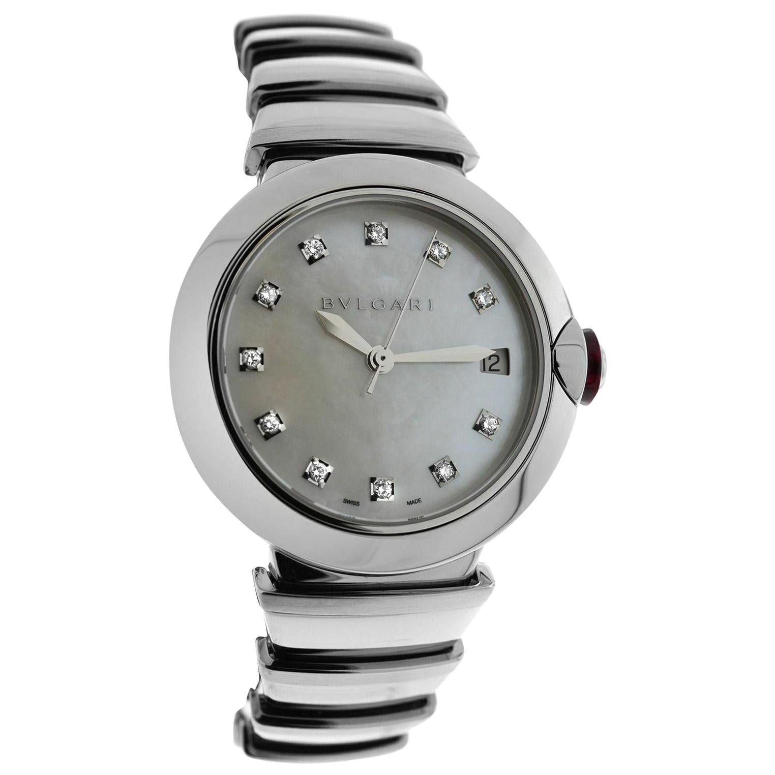 Ladies Bvlgari LVCEA LU36S Steel Diamond Mother of Pearl Automatic Watch For Sale