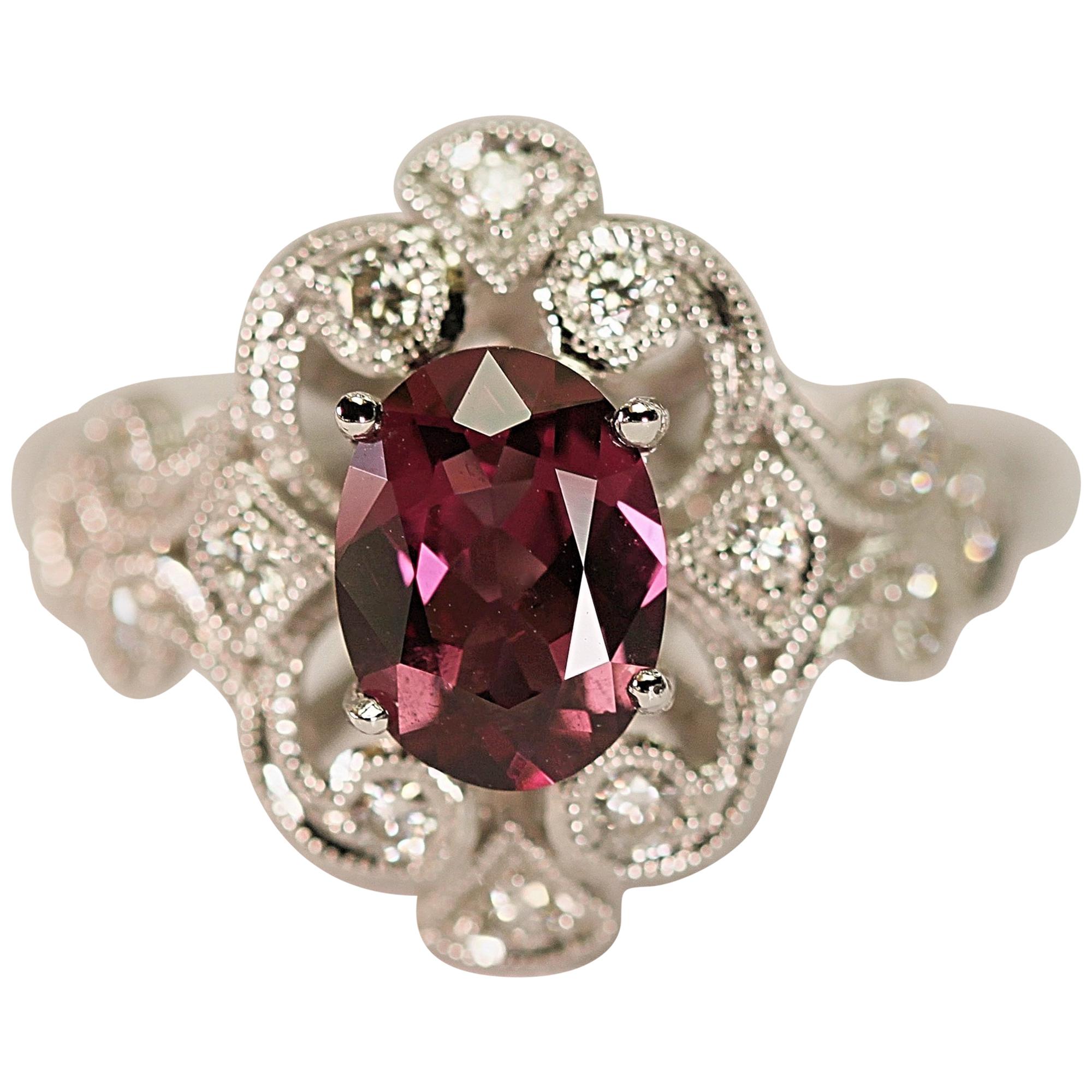 Antique Design Rhodolite Garnet Diamond Engagement Ring or Right Hand Ring For Sale