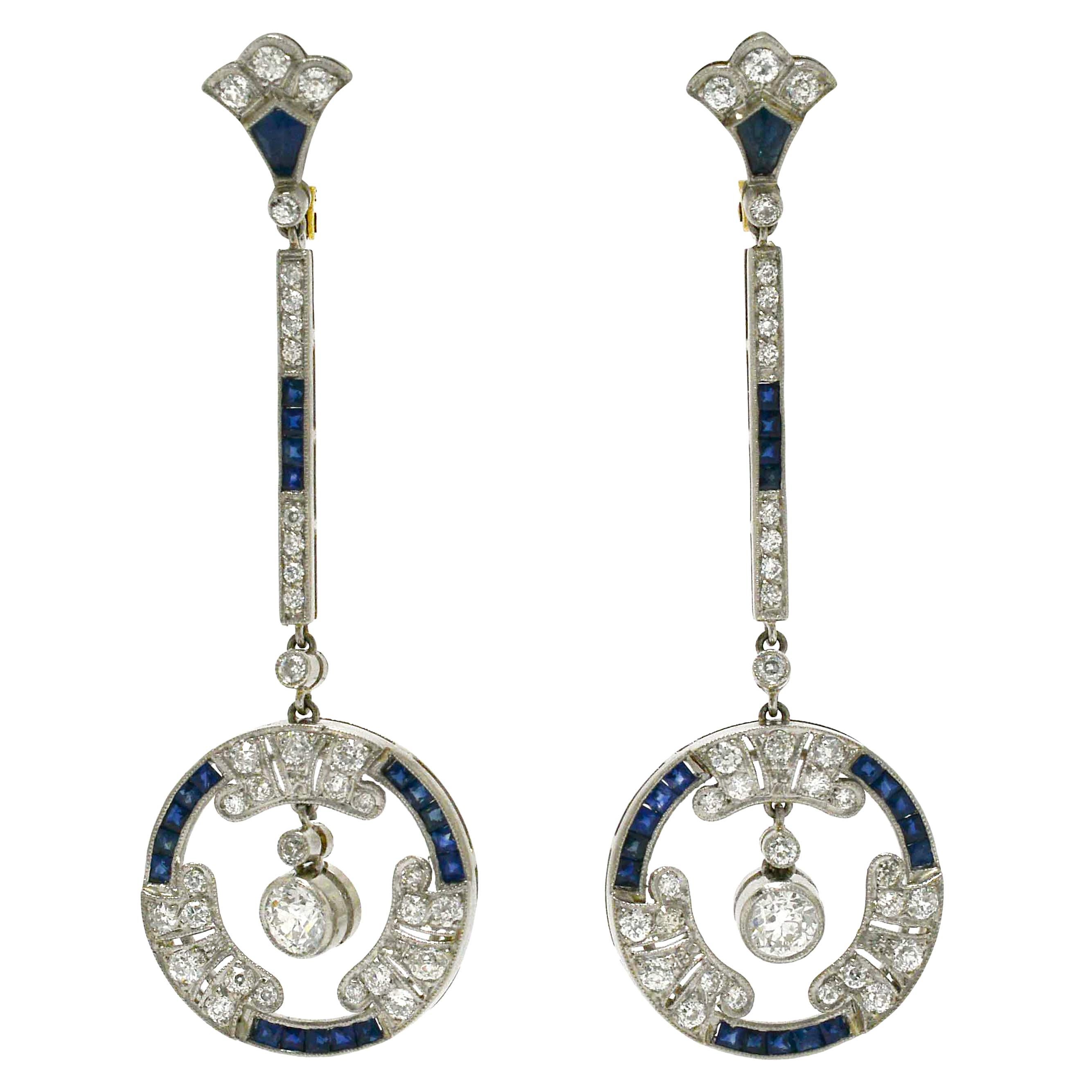Art Deco Style Diamond Sapphire Earrings Dangle Drop Long French Cut Estate