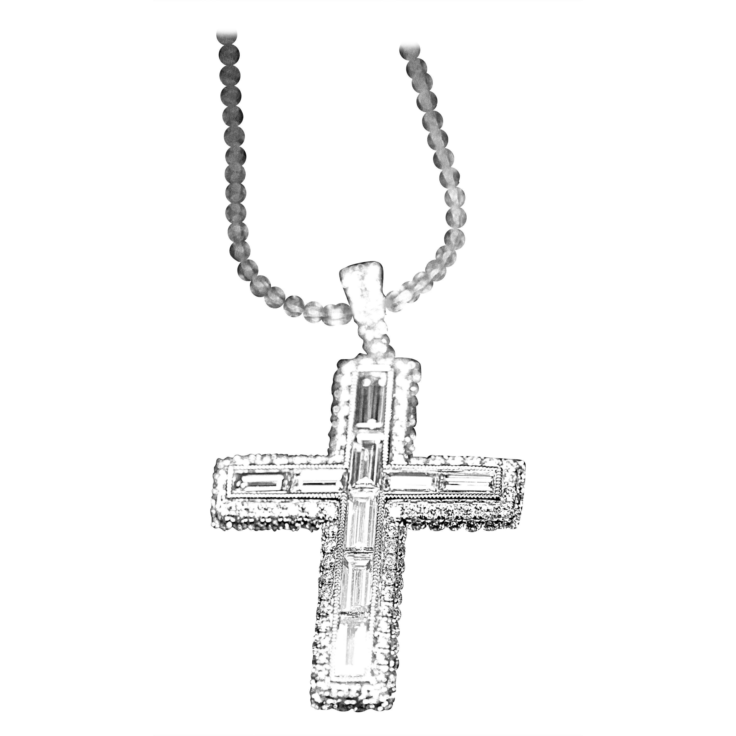 Baguette and Round Diamond Cross Pendant by House of Baguettes For Sale