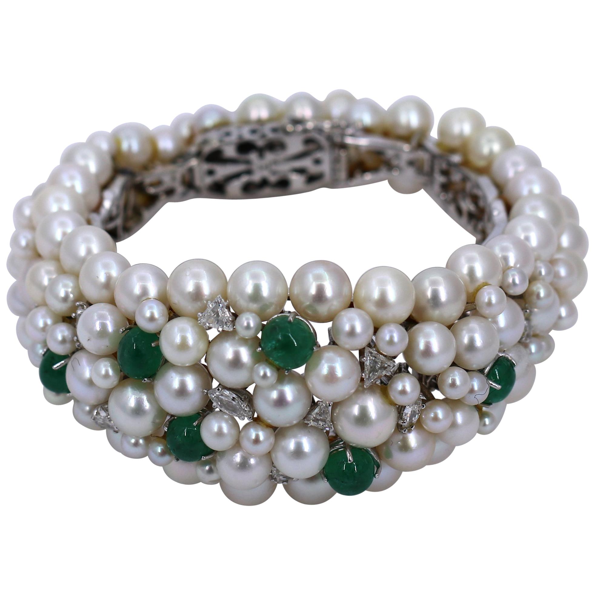 Midcentury White Gold Bracelet with Diamonds Emeralds and Pearls
