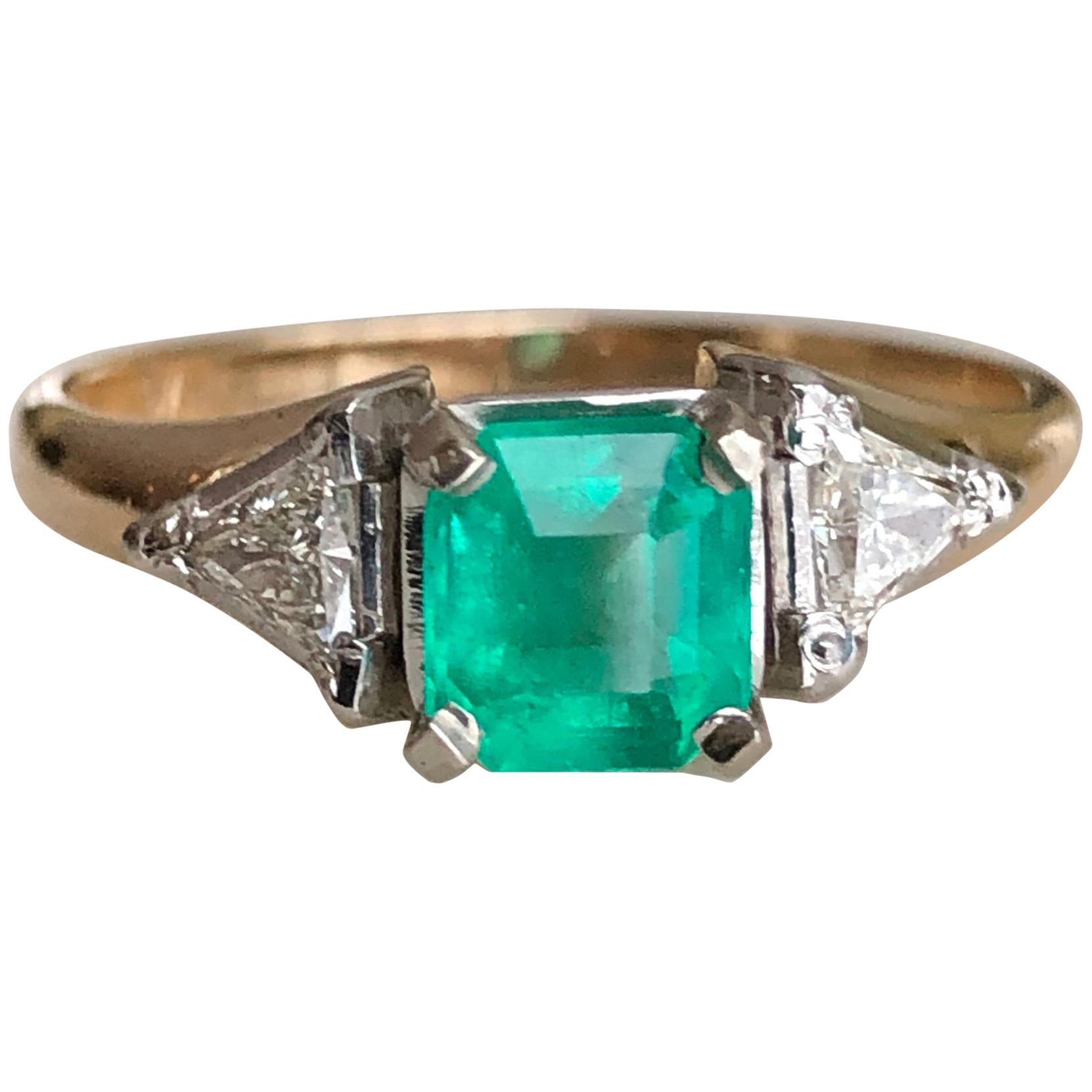 Vintage Colombian Emerald Triangular Diamond Three-Stone Engagement Ring