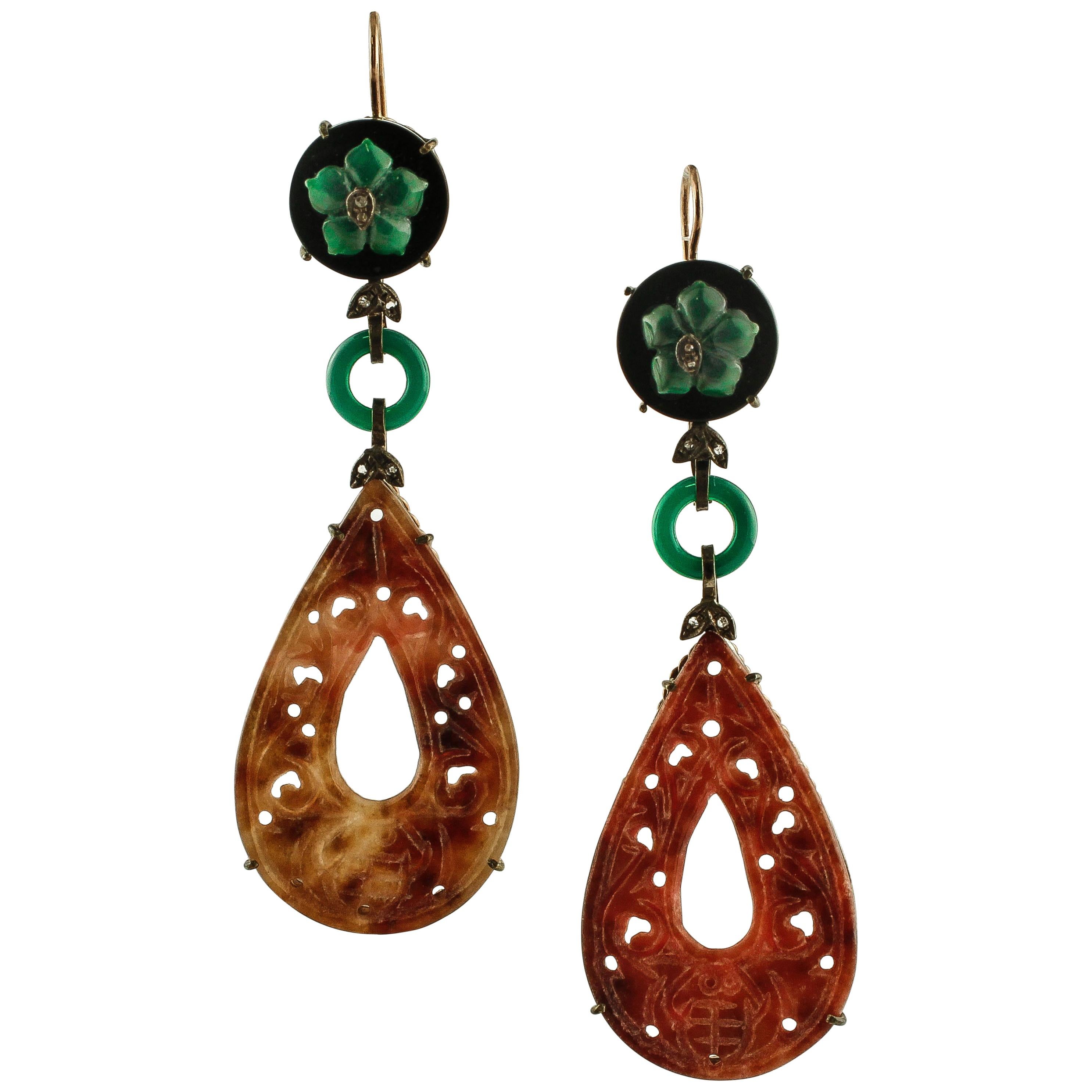 Green and Red Agate, Diamonds, 9 Karat Rose Gold and Silver Pendant Earrings