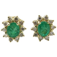 Vintage 14 Karat Yellow Gold Emerald and Diamond Earrings