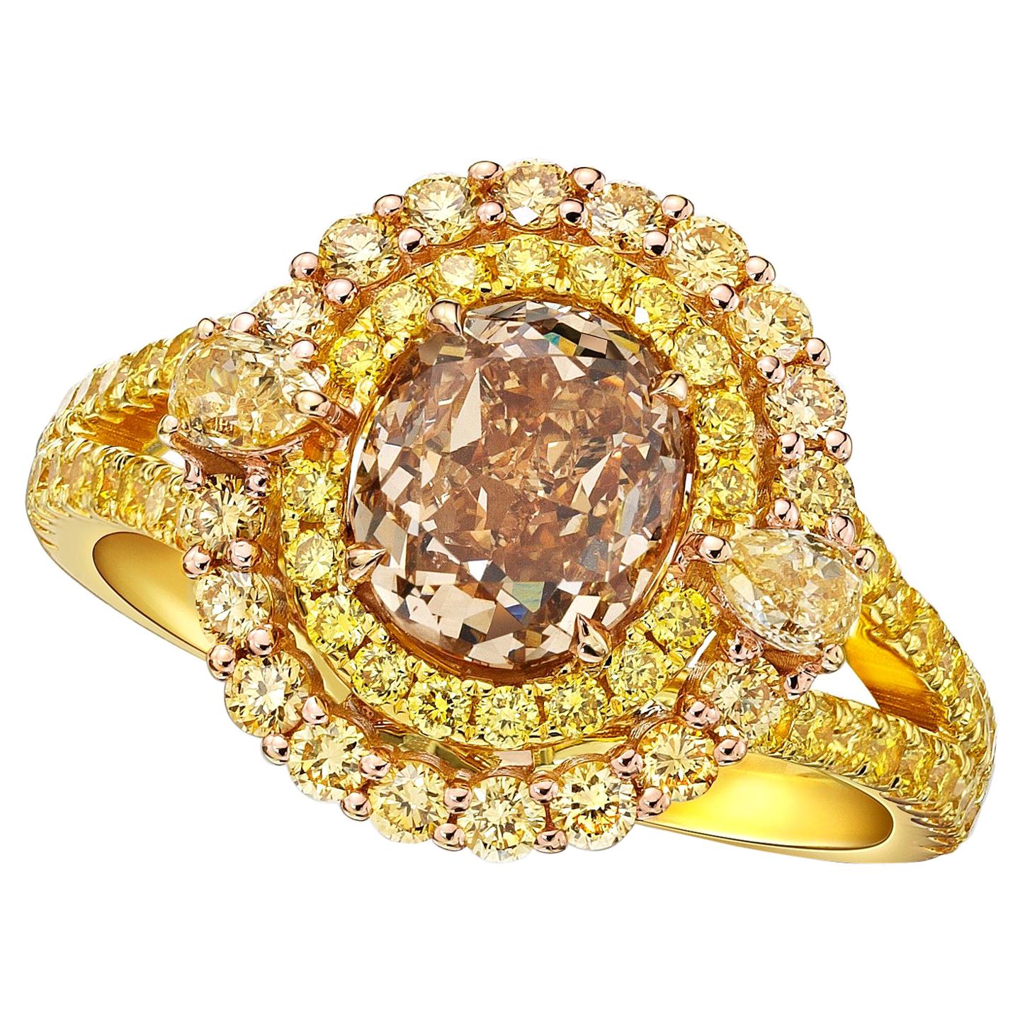 GIA Certified 1.40 Carat Fancy Yellow- Brown Diamond Ring For Sale