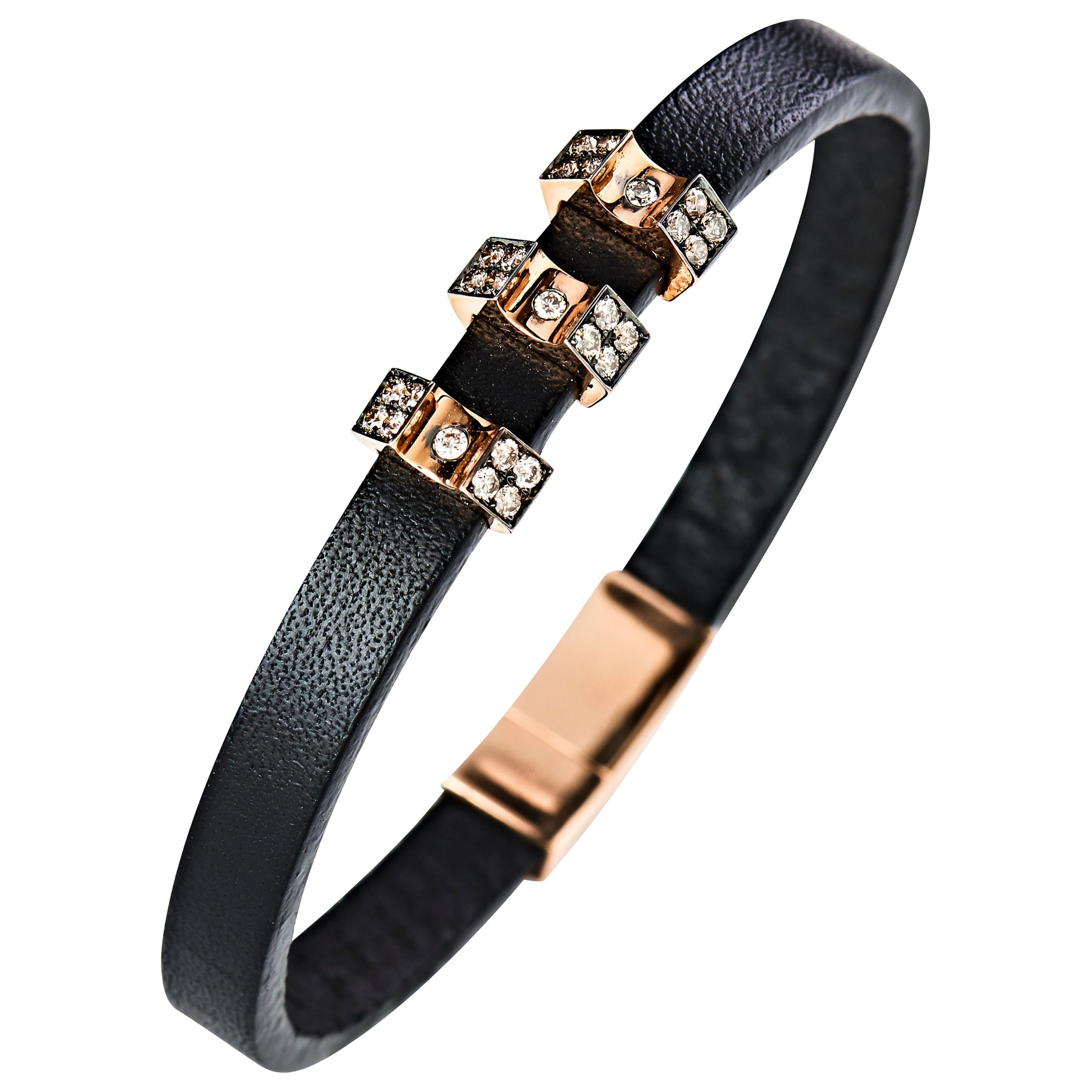 18 Karat Rose Gold and Rubber Brown Diamond Thorax Leather Men's Bracelet For Sale