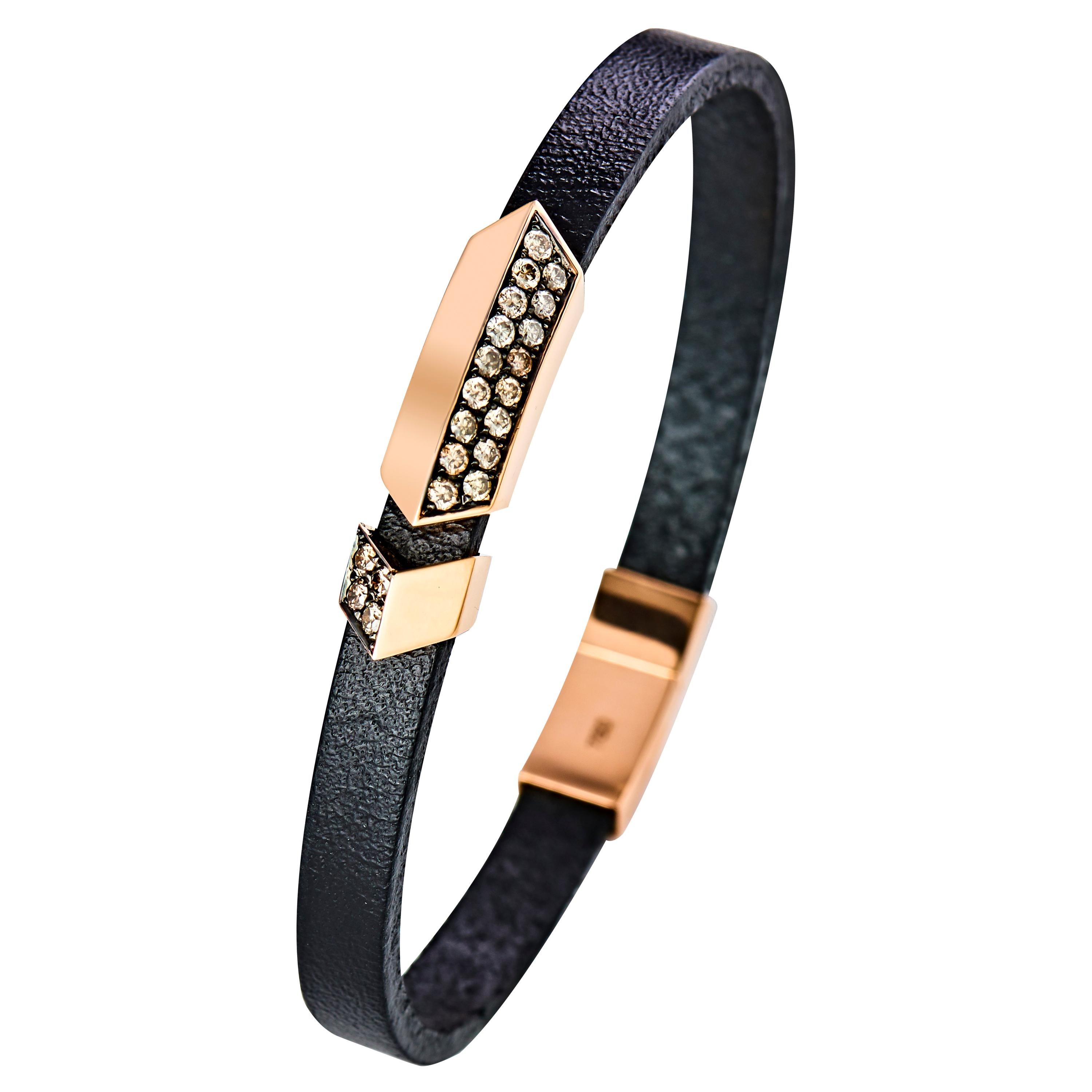 18 Karat Rose Gold and Rubber Brown Diamond Thorax Leather Bracelet For Sale
