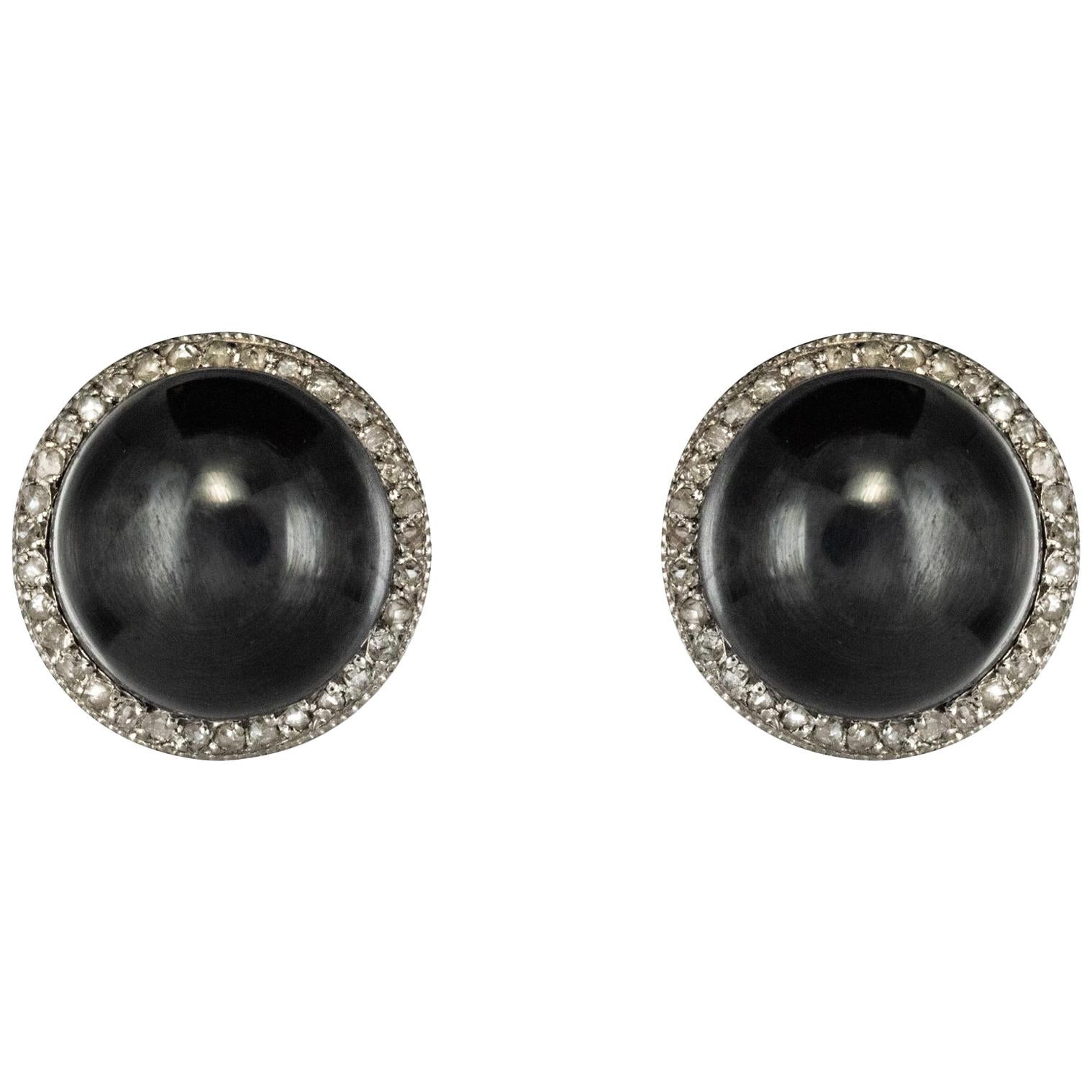 20th Century Hematite Diamonds Platinium Gold Stud Earrings