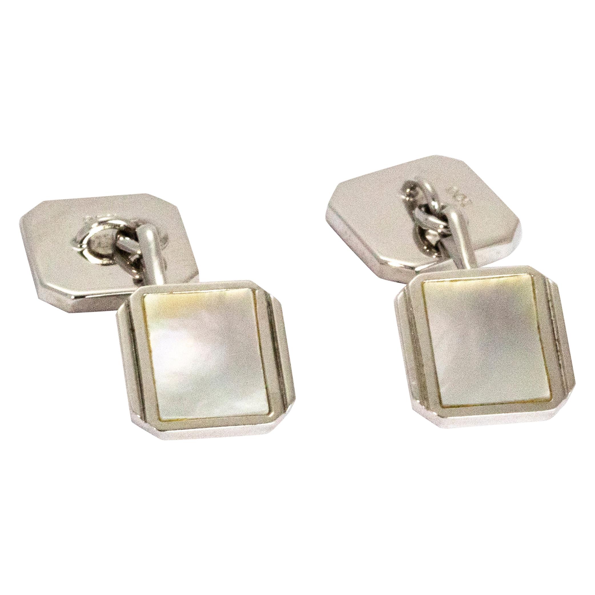 Ensemble manchette et clous d'oreilles Art déco pour homme en or blanc 9 carats et nacre