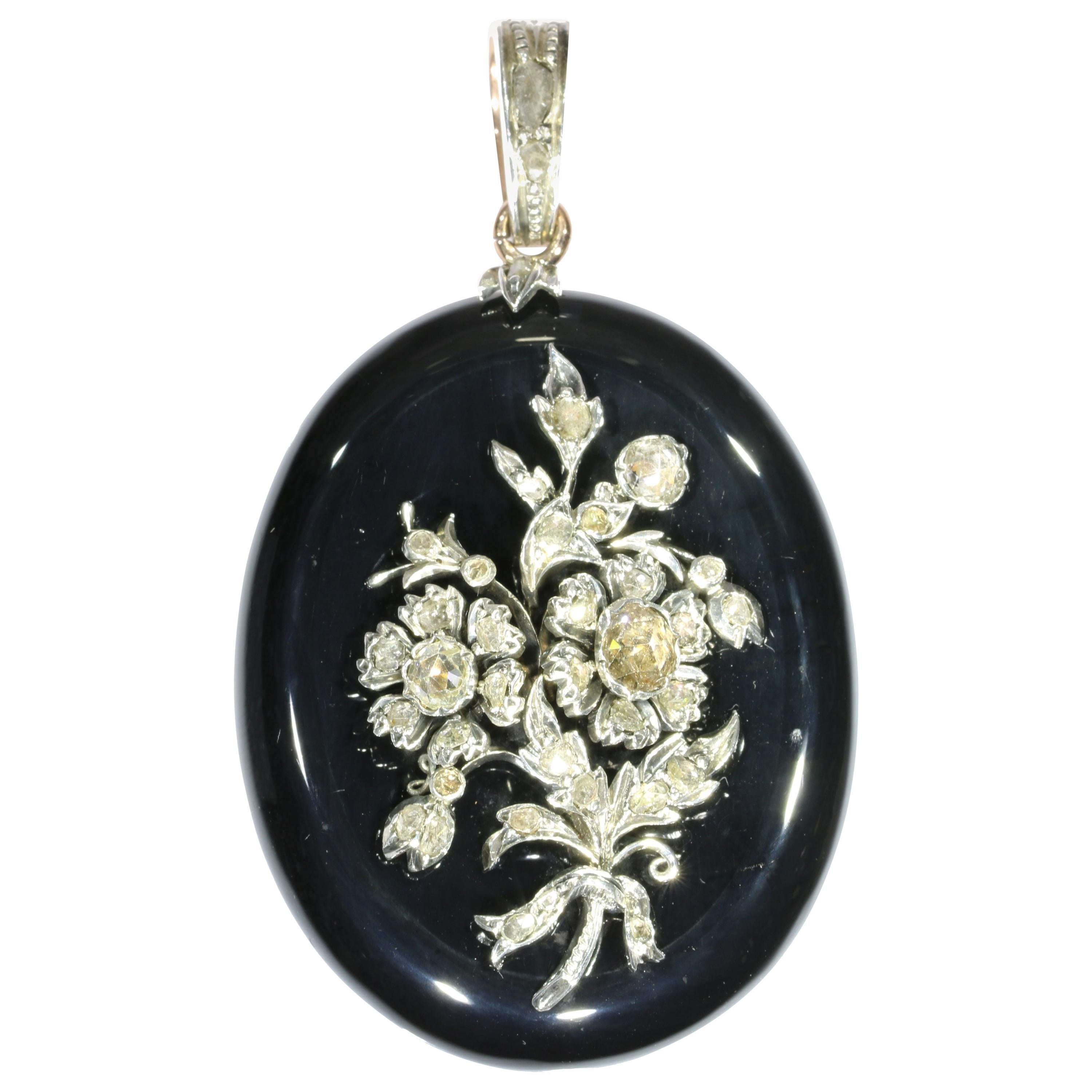 Antique Victorian Onyx Locket Pendant with Diamond Loaded Bouquet on Top For Sale