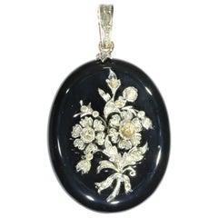 Antique Victorian Onyx Locket Pendant with Diamond Loaded Bouquet on Top