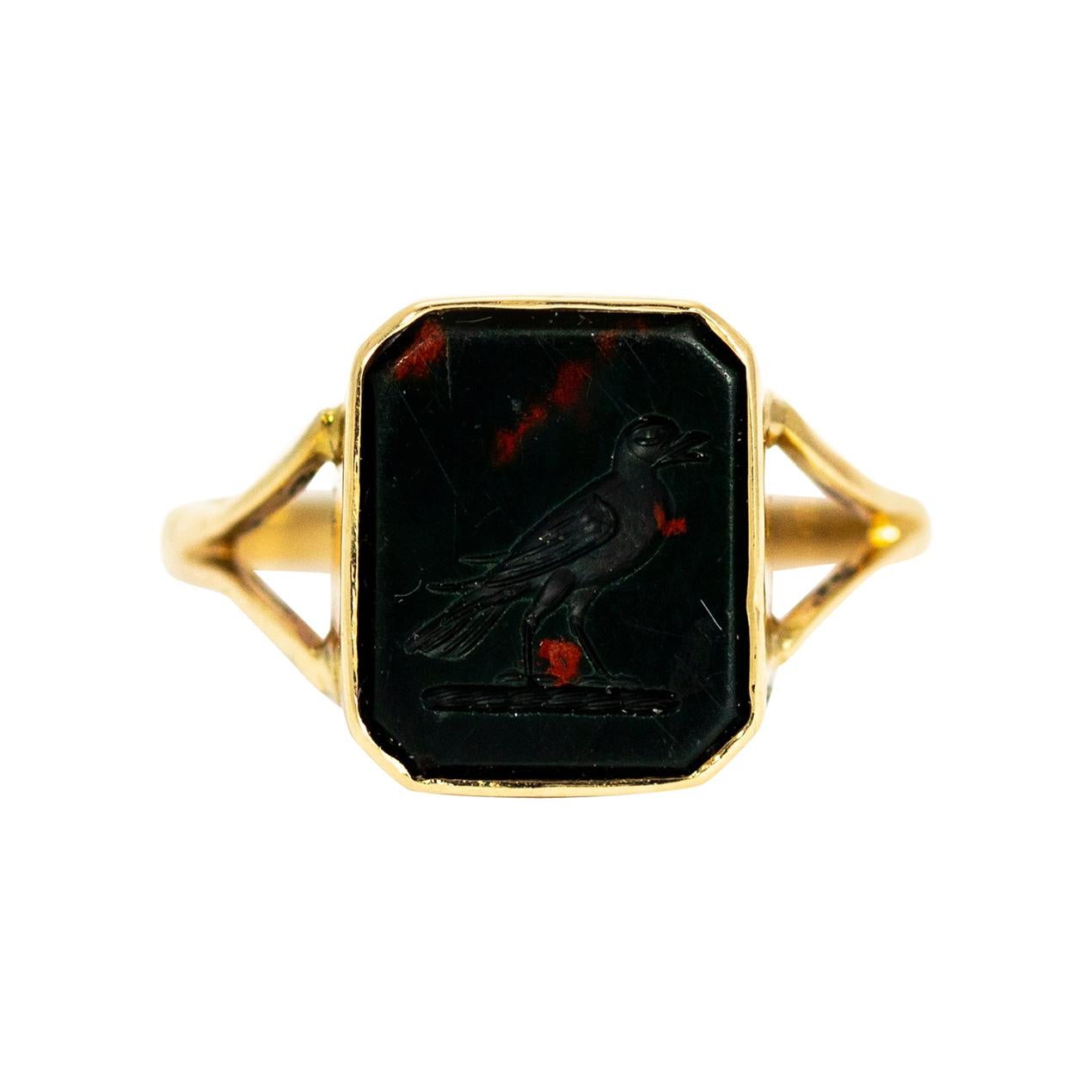 Mid-19th Century Bloodstone with Bird Engraving and 9 Carat Gold Signet Ring