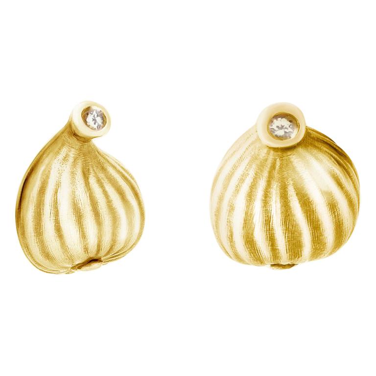 Fourteen Karat Yellow Gold Contemporary Earrings by Artist with Diamonds For Sale