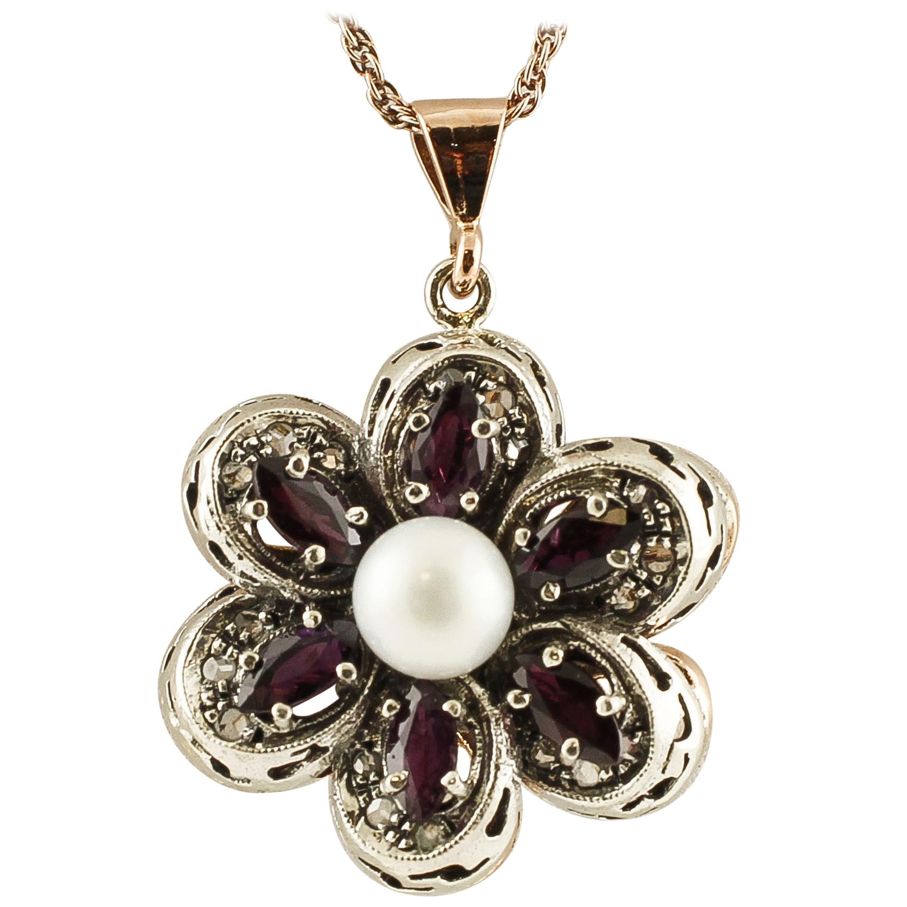 Rubies, Diamonds, White Pearl, 14 Karat Rose Gold and Silver Flower Pendant