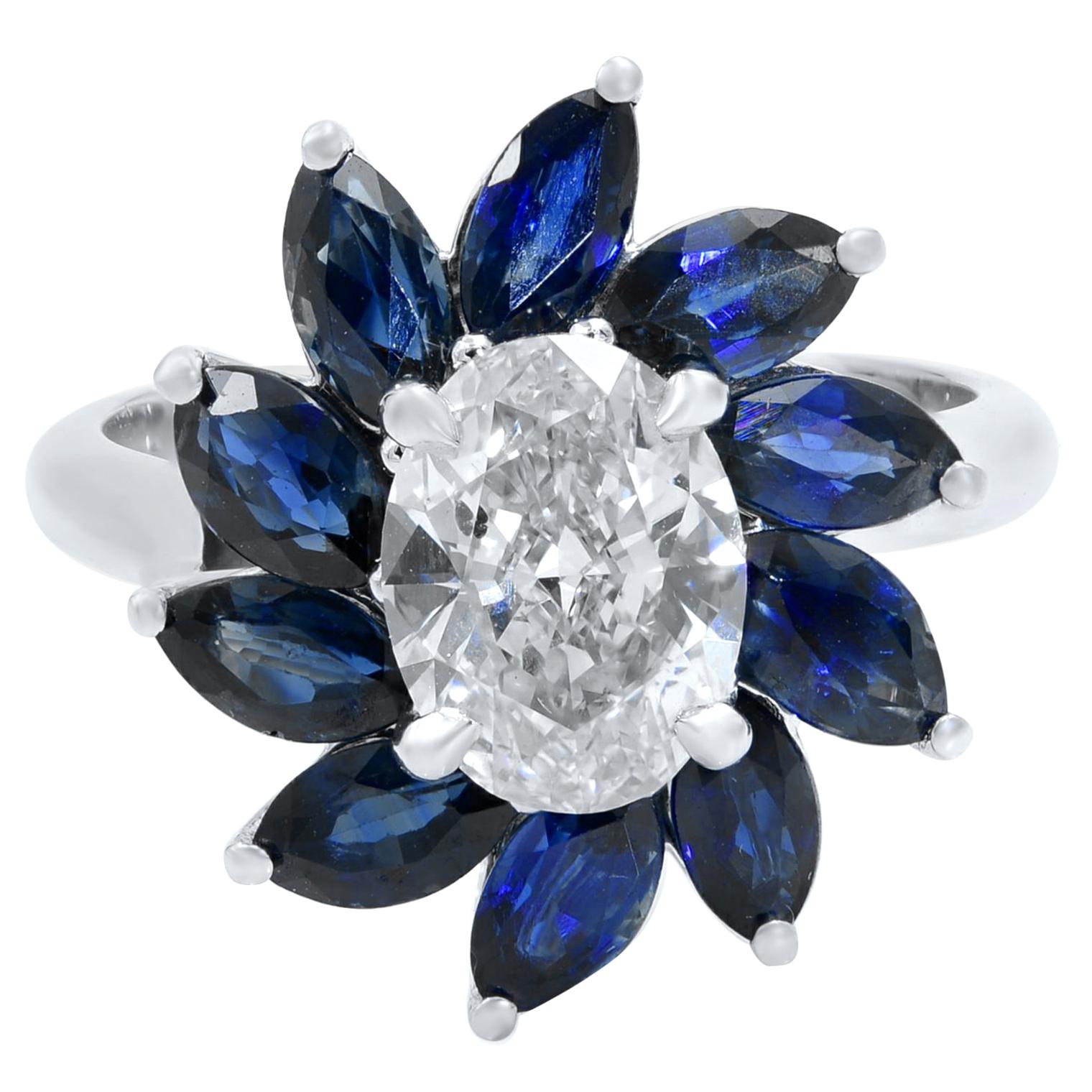 Oval Diamond Marquise Sapphires Halo Diamond Engagement Ring 18K White Gold