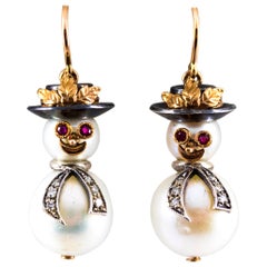0.25 Carat White Diamond Ruby Oriental Pearl Yellow Gold "Snowman" Stud Earrings