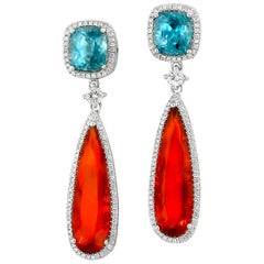 Fire Opal Blue Zircon Diamond and White Gold Drop Earrings