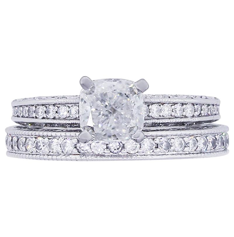 GIA Certified Cushion Cut Diamond Ring and Band Set