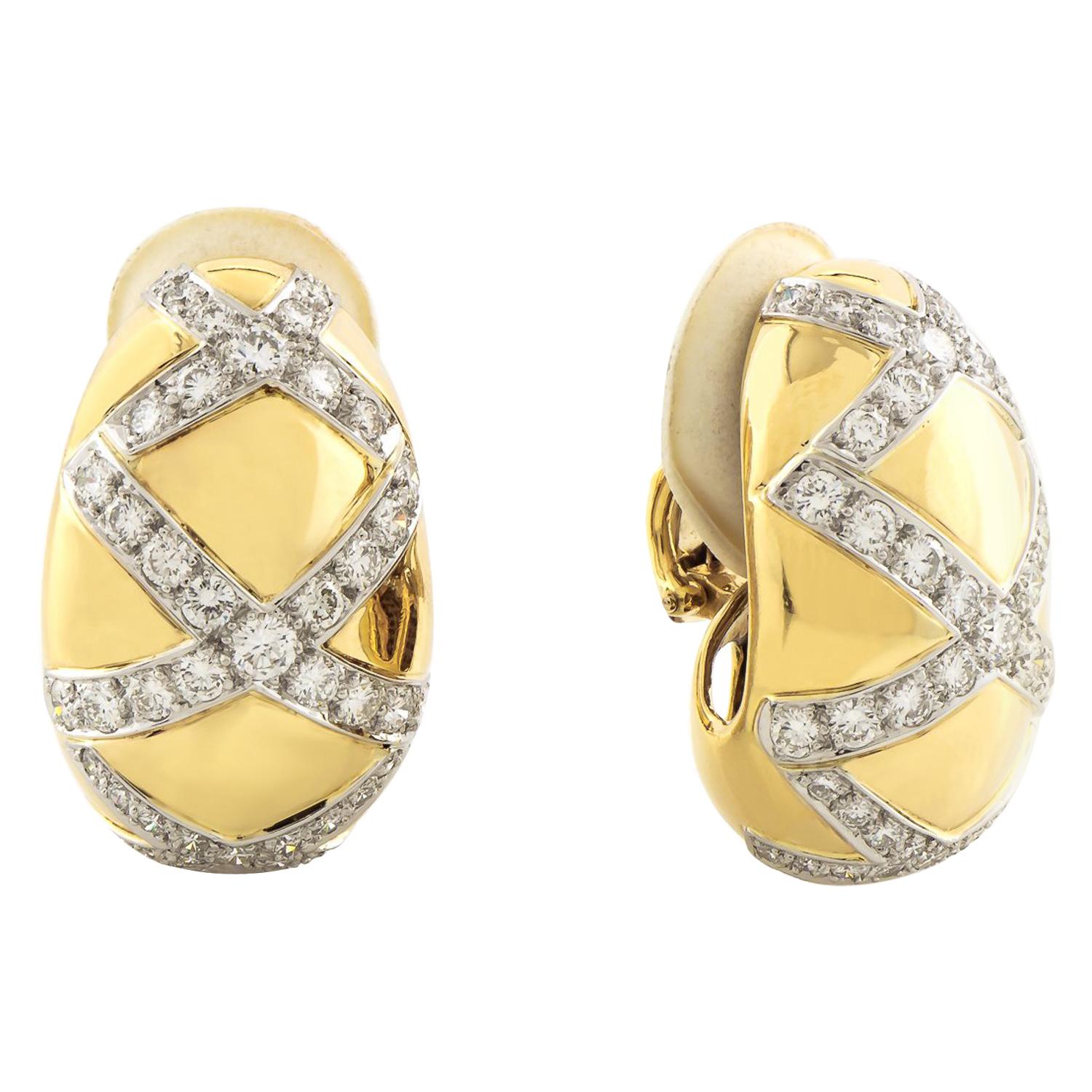 18 Karat White and Yellow Gold Dome Crisscross Clip-On Earrings