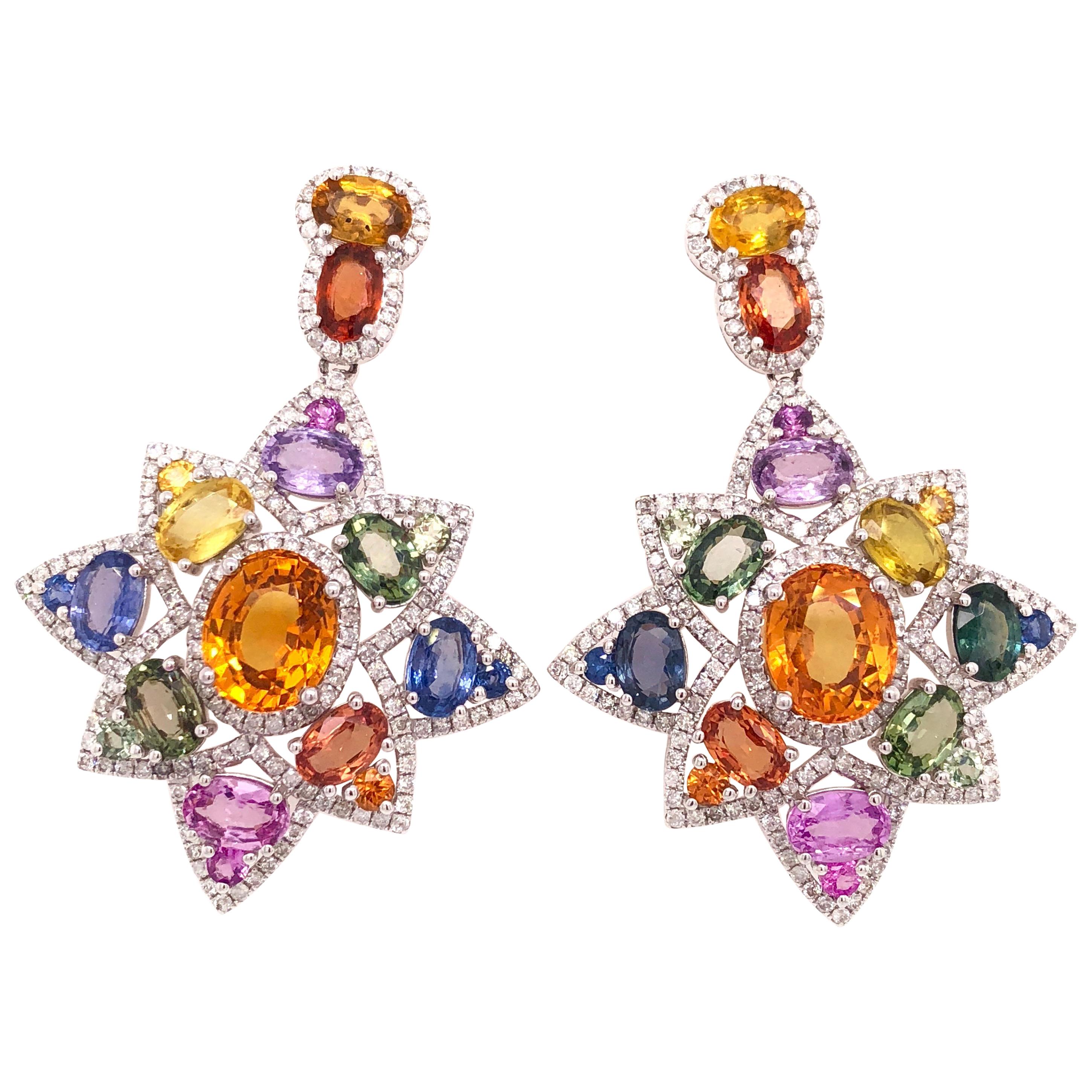 RUCHI Multi-Colored Sapphire and Diamond Pavé Star Chandelier Earrings For Sale