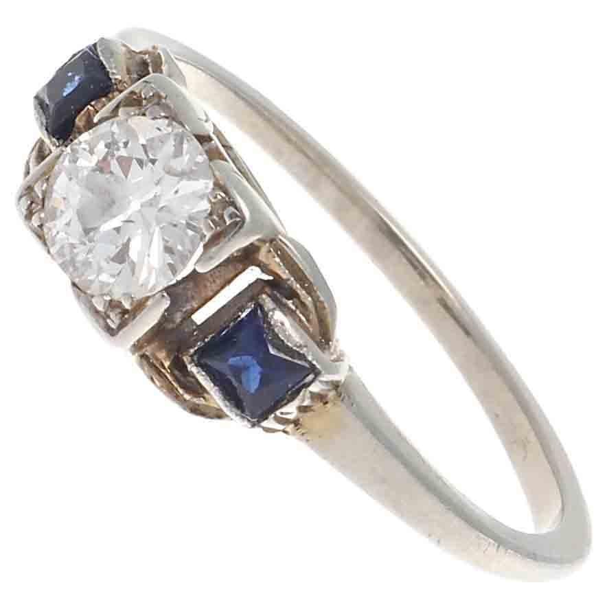 Art Deco Diamond Sapphire Gold Engagement Ring