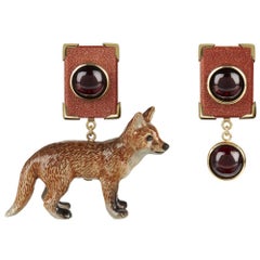 18 Carat Yellow Gold, Garnet, Goldstone and Painted Porcelain Fox Earrings