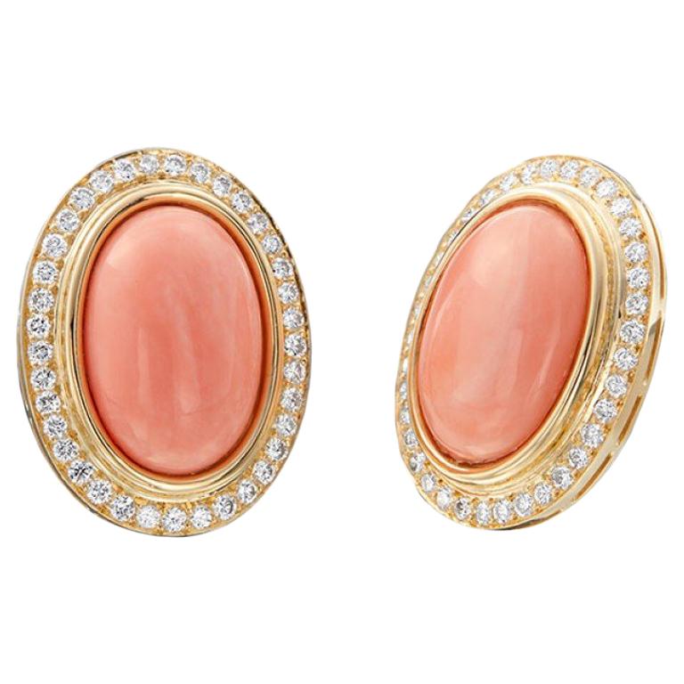 14 Karat Yellow Gold Oval Coral and Diamond Halo Omega Back Earrings